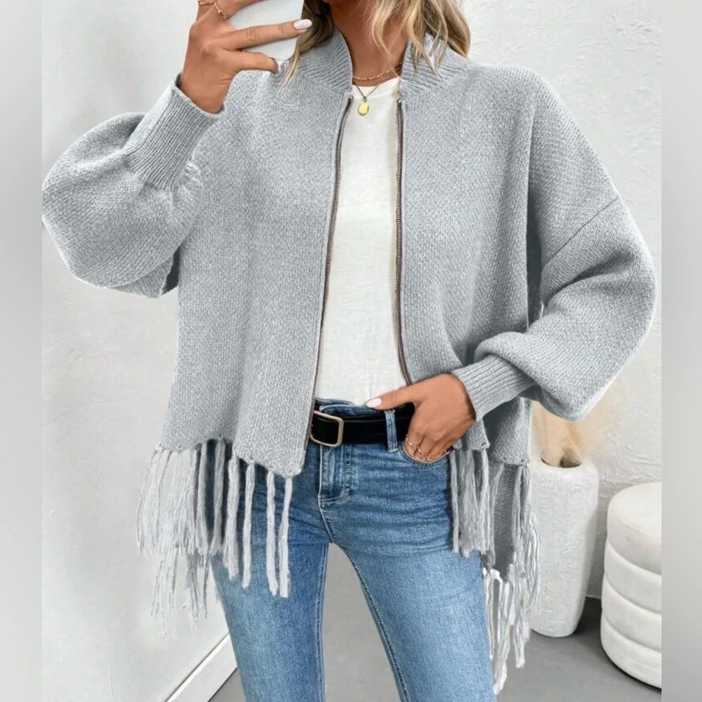 Women's Gray Fringe Sweater